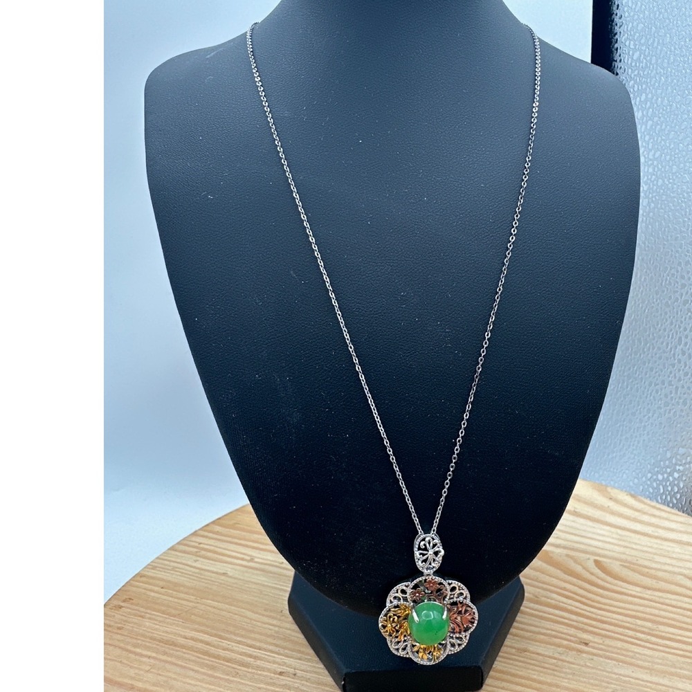 925 Sterling Silver Green Chrysoprase Tri Color Vermeil Necklace 6g TOTOTJC LC